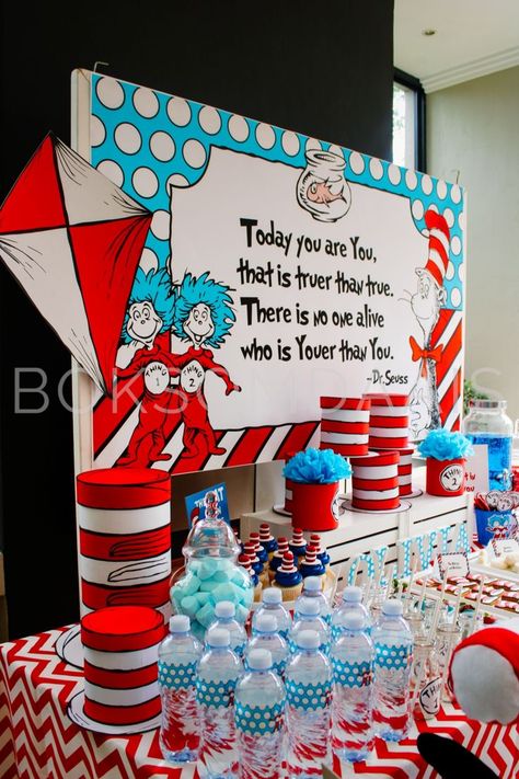 Thing One Thing 2 Birthday Party Ideas, Thing One And Thing Two Birthday Decorations, Cat In The Hat Theme Party, Cat In The Hat 2nd Birthday Party, Cat In The Hat Party Ideas, Dr Seuss Themed Party, Dr Seuss Photo Props, Dr. Seuss Birthday, Dr Suess Birthday Party Ideas 1st