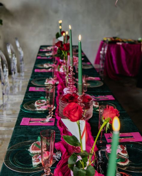 Nicole & Edward staged their micro wedding at @moementumstudio in Winter Park. I’ve shot portraits there before so I was already familiar with the space and could picture ahead of time what the images might look like.⁠ ⁠ The color theme was a bold green and hot pink with a lot of vegas-inspired details and an awesome cherry-adorned cake. It was so much lighthearted fun for these young lovers.⁠ ⁠ Thank you for having me, Nicole and Edward!⁠ ⁠ See their micro wedding at link in bio Emerald Hot Pink And Gold Wedding, Black Pink Green Wedding, Pink Red Green Wedding, Dark Green And Pink Wedding, Emerald And Pink Wedding, Dark Pink Wedding, Hot Pink Wedding Flowers, Pink And Green Wedding, Pink Tablescape