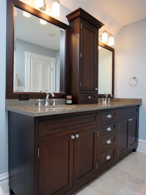 Beautiful Bathroom Cabinets, Dark Wood Bathroom, Traditional Kitchens, Bathroom Vanity Designs, Traditional Bathroom Vanity, Bathroom Themes, Vanity Design, Bathroom Countertops, Trendy Bathroom