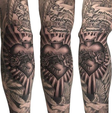 Sacred heart tattoo done by Martin #workproud #wearproud #7381KennedyRd Sacred Heart Forearm Tattoo, Sacred Heart Tattoo Arm, Jesus Heart Tattoo, Sacred Heart Tattoo Stencil, Heart Tattoo Sleeve, Charleston Tattoo, Sacred Heart Tattoo Design, Sacred Heart Tattoo, Arm Tattoos For Guys Forearm