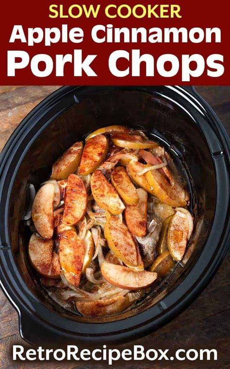 Slow Cooker Apple Cinnamon Pork Chops are a delicious savory sweet meal. This tasty crock pot pork chops recipe is very easy to make, and so tasty! A family slow cooker pork chops dinner. retrorecipebox.com #porkchops #slowcooker #crockpot Single Serve Crock Pot Recipes, Apple Cinnamon Pork Chops, Cinnamon Pork Chops, Slow Cooker Pork Chops Recipes, Crock Pot Pork Chops, Pork Crockpot Recipes, Slow Cooker Apple, Pork Chop Recipes Crockpot, Crock Pot Pork