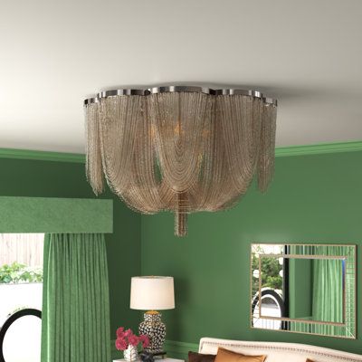 This 6-light flush mount is a glittering, eye-catching statement that brings all the drama of a chandelier to rooms with lower ceilings. It has a metal frame draped with hundreds of polished nickel chains elegantly draped around the lights. The included six bulbs glow in the center, adding warmth and glam gold tones. We love the combination of metal material with a softer, scalloped silhouette. Install this striking flush mount with a dimmer switch to set the brightness to just the right level. Low Ceiling Chandelier, Master Bath Lighting, Chandelier Chain, Entryway Lighting, Empire Chandelier, Closet Lighting, Semi Flush Lighting, Light Fixtures Flush Mount, Modern And Antique