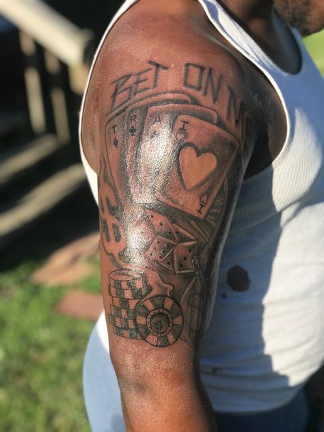 Bet on me tattoo Bicep Men Tattoo, Bet On Yourself Tattoo, Bet On Me Tattoo, Me Tattoo Ideas, Upper Half Sleeve Tattoos, Poker Tattoo, Arm Tattoos Black, Bicep Tattoo Men, Mexican Tattoo