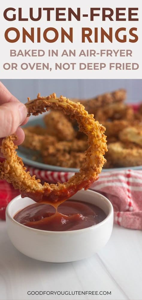 These gluten-free onion rings are seasoned well, crispy, and light. They're made in the oven or air-fryer, not deep fried, so they're healthier than greasy fast food onion rings. Made without gluten, people with celiac disease and gluten intolerance can enjoy them without worry. Onion Rings Air Fryer, Gluten Free Onion Rings, Baked Onion Rings, Gluten Free Panko, Gluten Free Bread Crumbs, Homemade Gluten Free, Gluten Intolerance, Onion Recipes, Gluten Free Recipes Easy