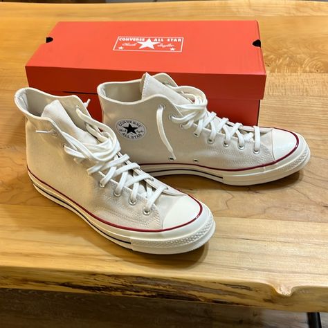 Men’s Brand New Converse Chuck 70 Hi With Box. Size 11.5. Color Parchment/Garnet (Cream/ Off White) Converse Shoes Men, New Converse, Converse White, Converse Chuck 70, White Converse, Chuck 70, Pretty Shoes, Fashion Aesthetic, Converse Chuck