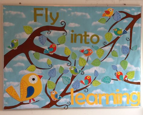 Homeschool classroom bulletin board. Boho Birds. Boho Birds Classroom Theme, Bird Bulletin Boards, Door Bulletin Boards, Kindergarten Bulletin Boards, Owl Classroom, Classroom Bulletin Board, Boho Birds, Preschool Bulletin, Preschool Bulletin Boards