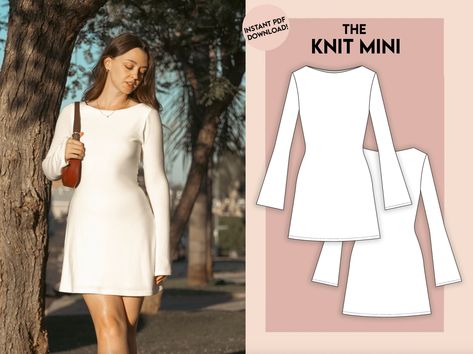 Knit Mini Dress - Sewing Pattern - Instant PDF Download SEWING PATTERN ✂ * This item is a digital file NOT a physical item * Sewing Level: Intermediate - The instructions are not suitable for beginners, but if you have any questions, please feel free to reach out! Sizes included: XS - XL * Model is wearing a size S Print options included: * A0 * A4 * Letter THE PATTERN: * Tiled pattern (3/8'' seam allowance is included on all sizes) Once you purchase, you'll be able to download 4 pdf files: The instructions and the pattern (in A0, A4, Letter sizing). This pattern is for personal use only. Not to be used for commercial purposes. Purchase of this pattern entitles you to print and copy the pattern for individual home use only, but feel free make the garment as a gift or in small batches. It d Home Sewing Patterns, Sweater Dress Sewing Pattern, Low Back Dress Pattern, Halter Dress Sewing Pattern, Sewing Pattern Beginner, Homecoming Dress Patterns, Beginner Sewing Dress, Long Sleeve Dress Sewing Pattern, Beginner Dress Pattern