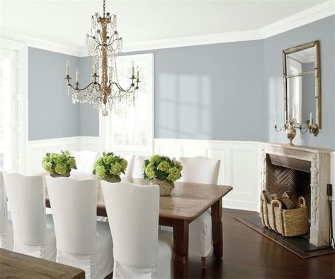 Blue Springs paint color Farmhouse Dining Room Paint, Wickham Gray, Dining Room Paint, Trending Paint Colors, White Chairs, Revere Pewter, Dining Room Colors, Favorite Paint Colors, Benjamin Moore Colors