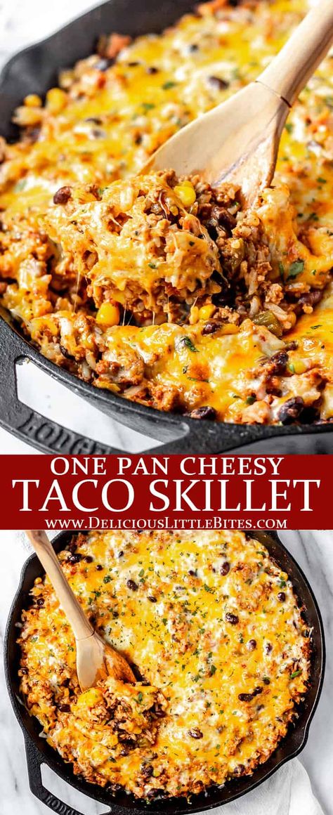 This delicious recipe for Cheesy Taco Skillet uses simple ingredients such as turkey, rice, black beans, and vegetables – so it is an extremely filling, well-rounded dish. Many people will enjoy the taco flavors found in this easy one pan skillet meal, since they are reminiscent of well-loved Mexican and Southwestern cuisines. | #taco #tacoskillet #skilletmeal #onepanmeal #onepandinner #glutenfree Cheesy Taco Skillet With Rice, Delish Mexican Beef And Rice Skillet, Mexican Turkey Skillet, One Pot Mexican Skillet, Meals With Mexican Rice, Beef And Rice Skillet Meal, Porcupine Skillet Meal, One Pot Cheesy Taco Skillet, One Pan Mexican Rice Skillet