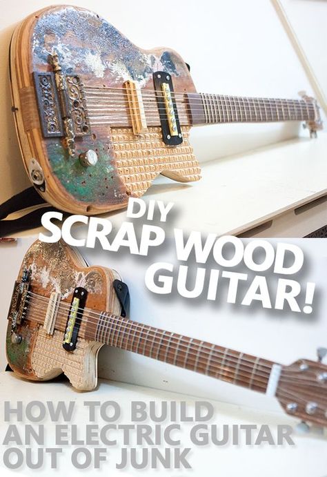 A step-by-step tutorial explaining how i made this crazy, junky, funky guitar out of scraps and plywood, including the pickups and cool 3D geometric inlay! How To Build A Guitar, Guitar Furniture, Diy Guitar Stand, Homemade Guitar, Steampunk Guitar, Electric Guitar Art, Diy Electric Guitar, Diy Scrap Wood, Guitar Wood