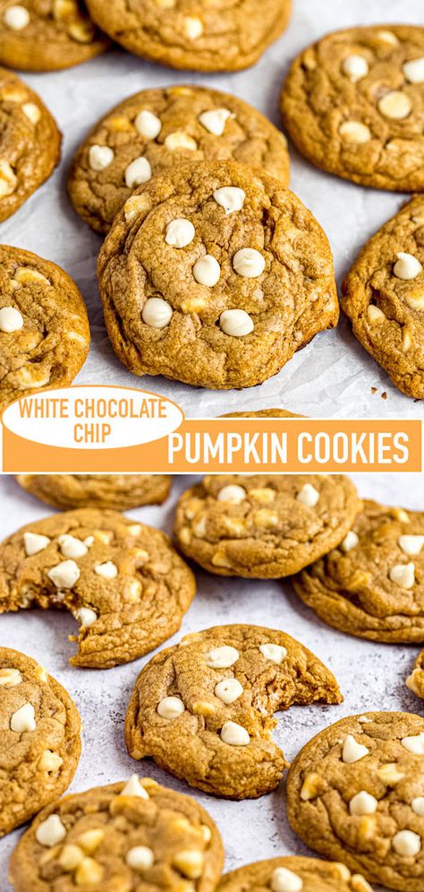 These White Chocolate Chip Pumpkin Cookies are the perfect cookies for fall. They're soft, chewy and packed with delicious pumpkin and spice flavour! | queensleeappetit.com #cookies #pumpkincookies #chocolatechipcookies #pumpkin Pumpkin Christmas Recipes, Pumpkin Cookies With Cream Cheese Chips, Pumpkin Flavoured Desserts, Pillsberry Pumpkin Cookies, Pillsbury Pumpkin Cookies Recipe, Pumpkin Hermit Cookies, Pumpkin Spice White Chocolate Chip Cookies, Pumpkin White Chip Cookies, Pumpkin Cookies With White Chips