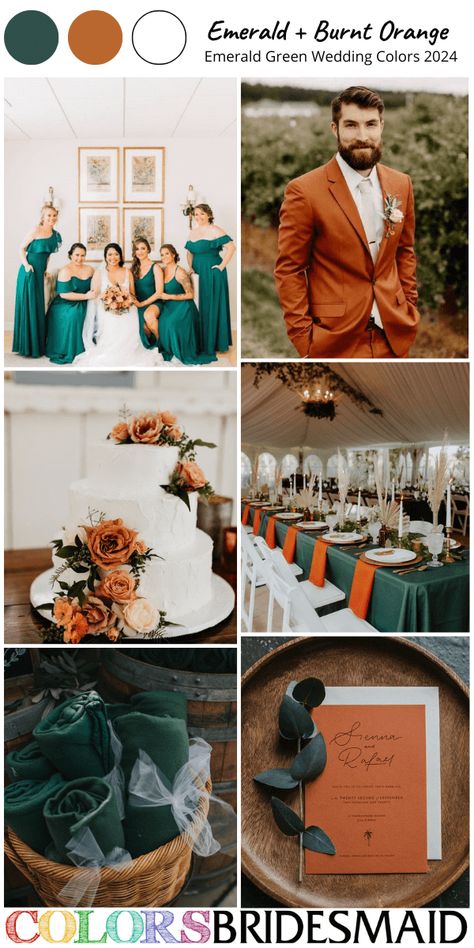 Emerald Green And Burnt Orange, Green Wedding Color Schemes, Orange Wedding Color Palette, Emerald Wedding Colors, Green And Burnt Orange, Orange Wedding Decorations, Hunter Green Wedding, Green Wedding Decorations, Orange Wedding Themes