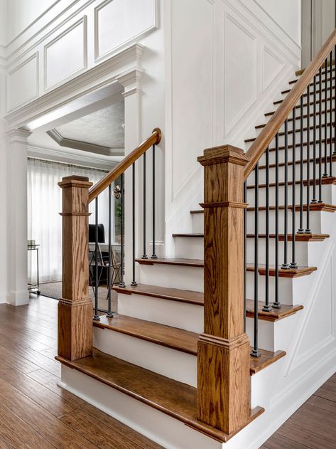 Portfolio College Park New Traditional Wood Railings For Stairs, Oak Handrail, Interior Stair Railing, Stair Spindles, Stair Banister, Staircase Railing Design, Iron Stair Railing, House Staircase, Staircase Remodel