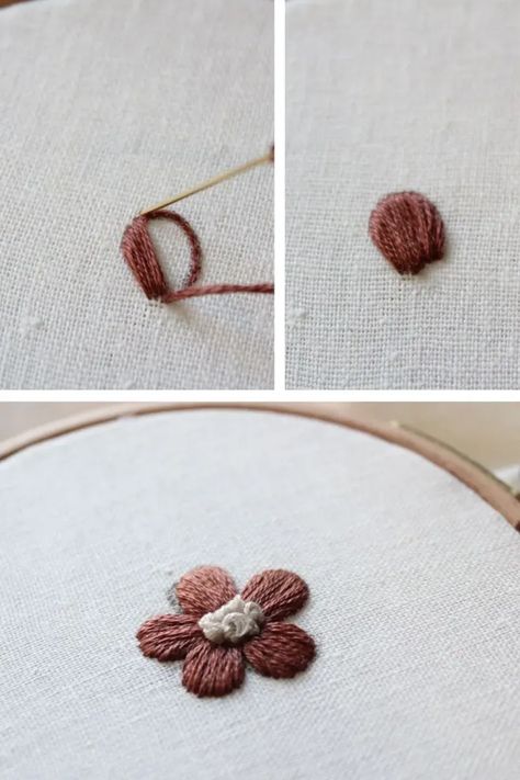 Embroidery Stitch Flower, Embroidering Flowers Simple, How To Embroidered Flowers, Flower Petals Embroidery, Satin Stitch Flower Hand Embroidery Tutorial, Hand Stitched Flowers, Embroidery Flower How To, How To Embroider Flower Stems, How Embroidery Flowers