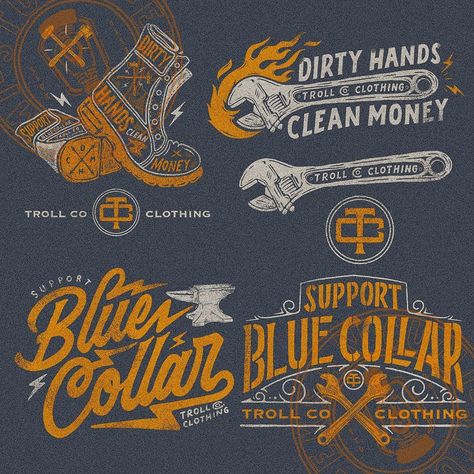 Cumi on Instagram: “For Trollcoclothing “Dirty hands clean money 💰- Support blue collar “ ——— swipe swipe . . For commission work just dm me or email me 😊🙏🏻 .…” Blue Collar Graphic Design, Blue Collar Logo Design, Blue Collar Tattoos, Dirty Hands Clean Money, Collar Tattoo, Vintage Typography Design, Money Tattoo, Dirty Hands, Racing Design