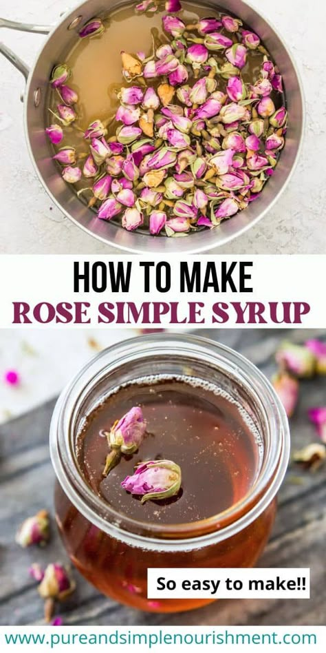 This is the best rose simple syrup recipe. It is so easy to make with just 3 ingredients including water, rose petals and cane sugar. This rose syrup can be used in so many ways including for making cocktails, iced tea, mocktails and for topping desserts. How To Make Rose Syrup, Recipes With Rose Petals, Rose Water Recipes, Wildflower Cafe, Tea Syrup Recipe, Rose Simple Syrup, Rose Water Recipe, Rose Syrup Recipe, Rose Petal Uses