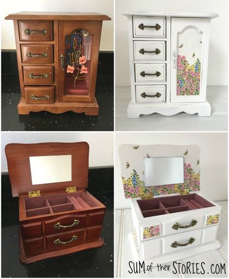 update a jewellery box with chalk spray paint Modge Podge Jewelry Boxes, Jewellery Box Makeover, Jewellery Box Upcycle, Small Jewelry Box Painting Ideas, Painted Jewlrey Boxes, Decoupage Jewelry Box Ideas, Diy Jewellery Box Ideas, Painted Jewelry Boxes Diy, Refurbished Jewelry Boxes