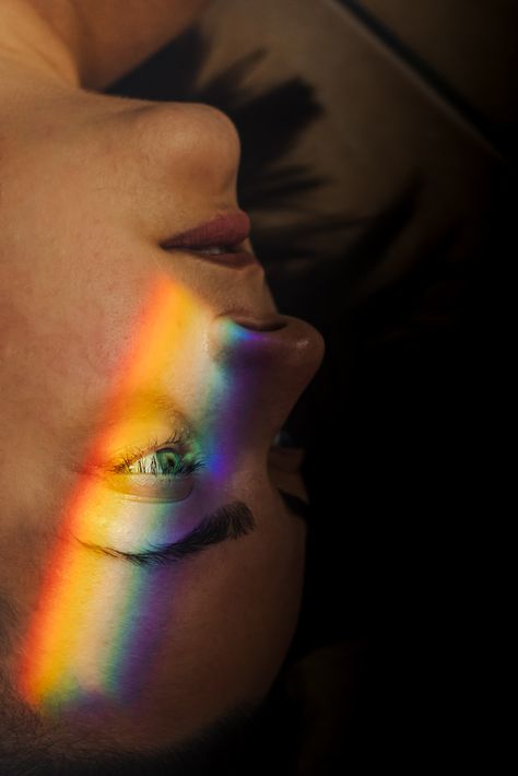 #prism #prismeffect #rainbow #colorrainbow #eye #prismidea Rainbow Prism Photography, Rainbow Portrait Photography, Prism Photoshoot, Prism Portrait, Queer Photography, Prism Photography, Crying Face, Rainbow Face, Rainbow Eyes