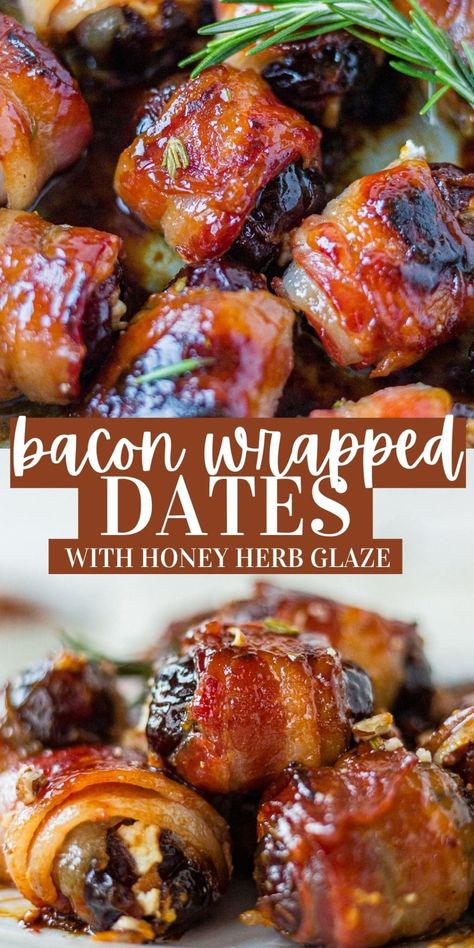 Making these classic bacon wrapped dates recipe is your next best decision! They're much like the traditional appetizer, but there's a crunch inside and a sweet honey glaze on top. Bacon Wrapped Figs Appetizers, Bacon Wrapped Figs, Bacon Dates, Dates Stuffed, Wrapped Dates, Unique Appetizers, Bacon Wrapped Dates, Classic Appetizers, How To Make Bacon