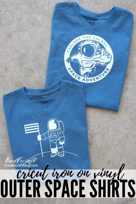 Make a Moon Landing Space Exploration Shirt to celebrate the 50th anniversary of the lunar landing with Cricut iron on vinyl, easypress 2 and the maker! Space T Shirt Design, Shirts With Cricut, Space Vbs, Pediatric Office, Landing Space, Cricut Iron On Vinyl, Craft Cricut, Space Tshirt, Lunar Landing