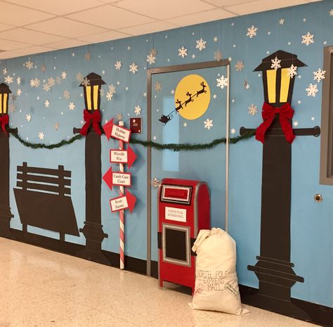 Decorating A School For Christmas, Door Contest Ideas For Christmas, School Hall Christmas Decorating Ideas, Diy Office Door Christmas Decorations, Christmas Office Hallway Decorations, Christmas Sweater Door Decoration, Office Hallway Christmas Decorating Ideas, Christmas Decor Competition, Christmas Village Door Decorating Contest