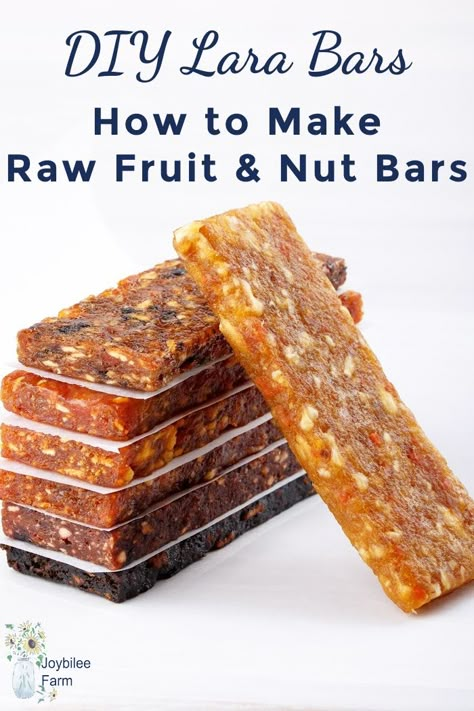 DIY Lara Bars - How to Make Raw Fruit and Nut Bars - Joybilee® Farm | DIY | Herbs | Gardening | Diy Lara Bars, Farm Diy, Energy Bars Recipe, Healthy Snack Bars, Fruit And Nut Bars, Nut Bars, Lara Bars, Healthy Bars, Nut Bar