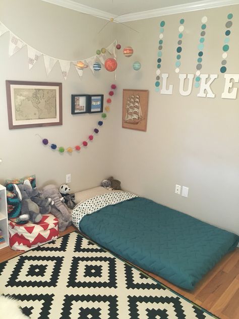 Luke's new Montessori floor bed Mattress On Floor Ideas Kids, King Bed On Floor Ideas, Mattress On Floor Ideas Bedrooms, Floor Mattress Bedroom Ideas, Floor Bed Decor Ideas, Bed On Floor Ideas, Mattress On Floor Ideas, Floor Bed Ideas, Bed On Floor