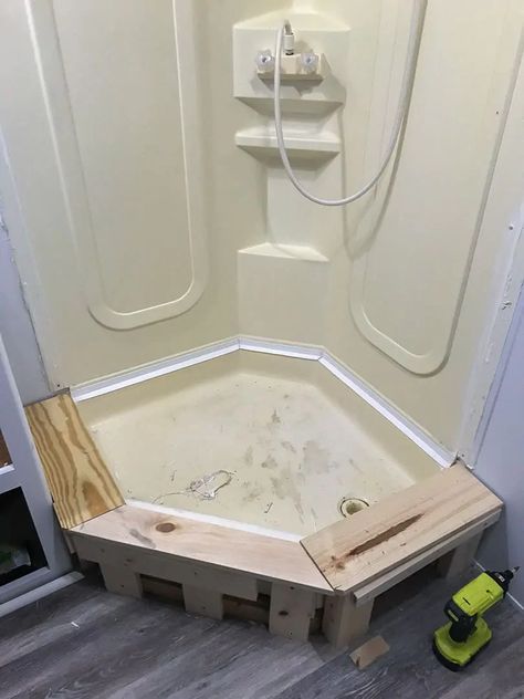 Complete DIY RV Shower Remodel for Under $300￼ Diy Camper Remodel Bathroom, Camper Bathroom Shower Remodel, Rv Camper Bathroom Remodel, Camper Shower Renovation, Replacing Shower In Camper, Fifth Wheel Shower Remodel, Small Rv Shower Ideas, Remodeled Rv Showers, Travel Trailer Bathroom Remodel Diy