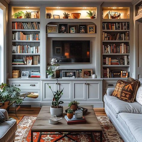 Bookshelves In Living Room With Tv, Tv Niche, Bookshelves Living Room, Bookshelf Designs, Living Room With Tv, Room With Tv, Living Room Bookshelf, All About Books, Cozy Home Library