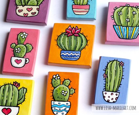 Colourful Hand Painted Cactus Magnets Cactus Canvas Art, Simple Cactus Painting Ideas, Cacti Paintings Acrylic, Acrylic Cactus, Painted Cactus, Cactus Paintings, Coaster Art, Cactus Painting, Small Canvas Paintings