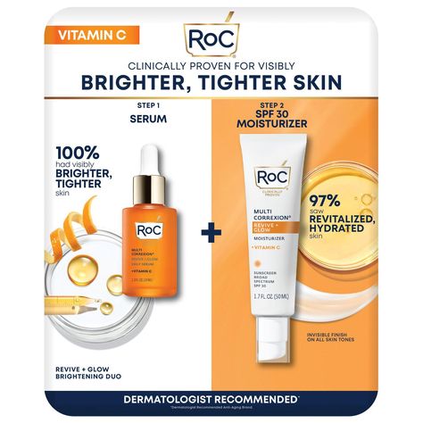 RoC Revive + Glow Brightening Duo Tighter Skin, The Routine, Skin Clinic, Moisturizing Serum, Facial Moisturizers, Skin Care Brands, Dermatologist Recommended, Broad Spectrum Sunscreen, Skin Elasticity