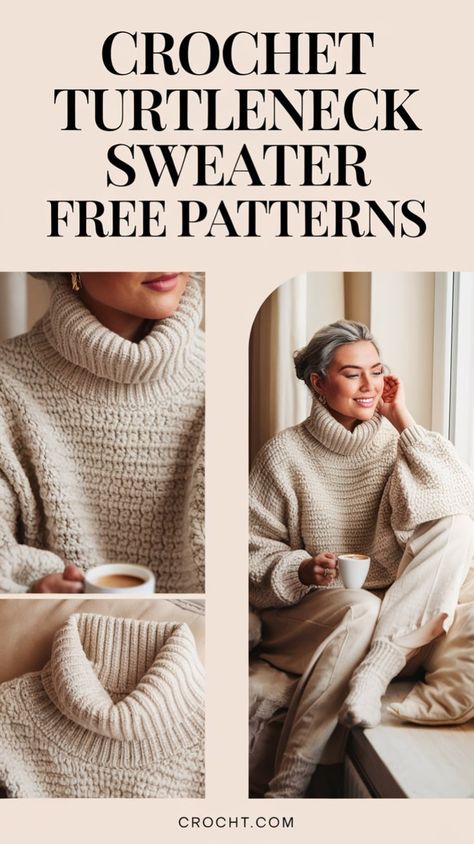 Free Crochet Turtleneck Sweater Ideas – Perfect for crafting timeless and comfortable pieces for your wardrobe. Crochet Turtleneck Sweater, Crochet Turtleneck, Cozy Winter Fashion, Sweater Ideas, Sweater Patterns, Turtleneck Sweaters, Cozy Crochet, Crochet Shawls, Crochet Winter