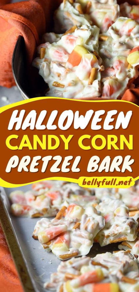 The ultimate Halloween food idea for parties! This fun dessert recipe is ridiculously easy to make with just 3 ingredients. Mixed with white chocolate and candy corn, this pretzel bark is yummy! Scary Desserts, White Chocolate Bars, Candy Corn Recipe, Pretzel Bark, Healthy And Unhealthy Food, White Chocolate Candy, Easy Dessert Recipe, Halloween Candy Corn, Candy Desserts