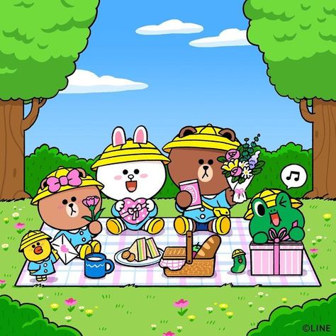 LINE FRIENDS_Official on Instagram: "TADA!!🎁🍀 We prepared a gift to express our hearts! Hope you have a month full of love♥️ #May #love #gift #picnic #BROWN #CONY #SALLY #CHOCO #LEONARD #EDWARD #LINEFRIENDS" Line Cony, Hug Illustration, Story Drawing, Kakao Friends, 카드 디자인, Mascot Design, Full Of Love, Line Friends, Line Sticker