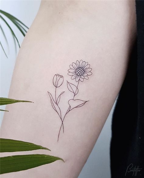 Tulip Sunflower Tattoo, Tulip And Sunflower Tattoo, Sunflower And Tulip Tattoo, Tiny Sunflower Tattoo Simple, Arm Sunflower Tattoo, Sunflower Tattoo On Arm, Sunflower With Butterfly Tattoo, Shoulder Sunflower Tattoo, Girasoles Tattoo