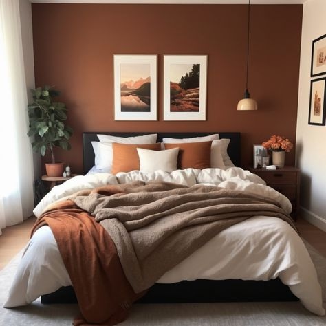 Transform your space into a warm and inviting cozy bedroom with these small bedroom ideas. Perfect for creating a snug and comfortable atmosphere. Burnt Orange Guest Bedroom, Bedroom Tan Carpet, White And Chocolate Bedroom, Cinnamon Bedroom Color Schemes, Rust Brown Bedroom, Muted Orange Bedroom, Orange And Brown Room Aesthetic, Cream And Rust Bedroom, Burnt Orange Bedding Boho