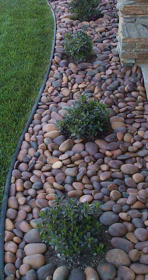 River rock against house but with DESERT plantings. How do we edge it against lawn? Garden With Rocks, River Rock Landscaping, Small Front Yard Landscaping, Low Maintenance Landscaping, Rock Garden Landscaping, Garden Path, Landscaping Tips, Beautiful Backyards, Budget Backyard