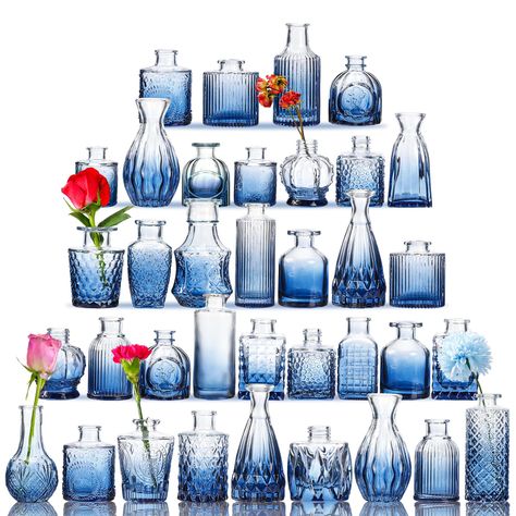 PRICES MAY VARY. [Centerpiece Decor Vases] Each set contains 36 blue glass bud vases of different shapes, the embossed printing texture is clear, every detail of each product is carefully designed, different heights and shapes make this series look special and elegant, to meet any of your decorative needs in any environment. [Thick Glass] The flower vase is made of premium quality glass with three-dimensional carving, the bottle body is transparent, and not easy to break, the bottle mouth is smo Blue Bud Vases, Wedding Decorations Vintage, Blue Table Decorations, Toile Wedding, Rehearsal Dinner Inspiration, Vases For Centerpieces, Vases Centerpieces, Early Fall Weddings, Glass Vases Centerpieces