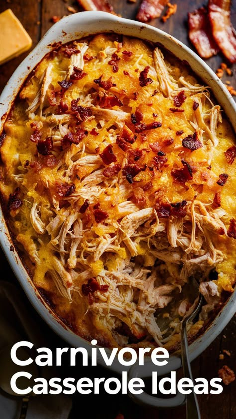 Carnivore Chicken and Bacon Casserole the ultimate comfort food! Keto Meals For Crowd, Animal Based Chicken Meal, Carnivore Chicken Bacon Casserole, Cheesy Low Carb Recipes, Diet Without Carbs, Sausage Carnivore Recipes, Shredded Chicken Bake Recipes, Chicken Recipes Carnivore Diet, Shredded Chicken Meals Easy