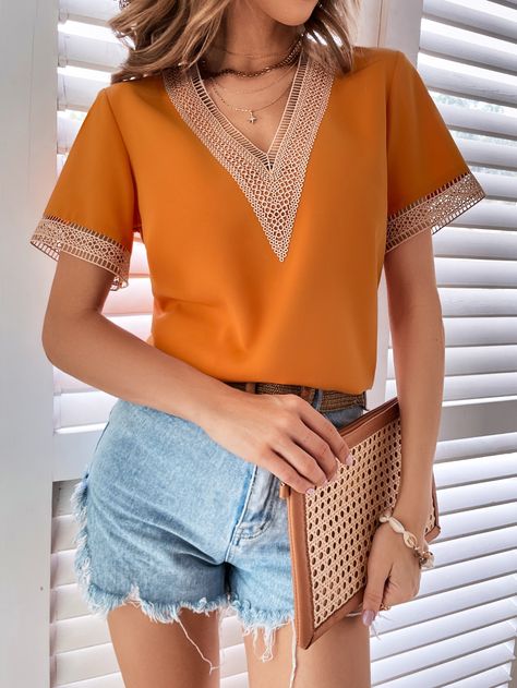 Orange Casual Collar Short Sleeve Polyester Colorblock Top Embellished Non-Stretch Summer Women Tops, Blouses & Tee Blouse Size Chart, V Neck Shirts, Lace Tshirt, Straight Dress, Solid Clothes, Loose Tops, V Neck Blouse, Women's Summer Fashion, Summer 2023