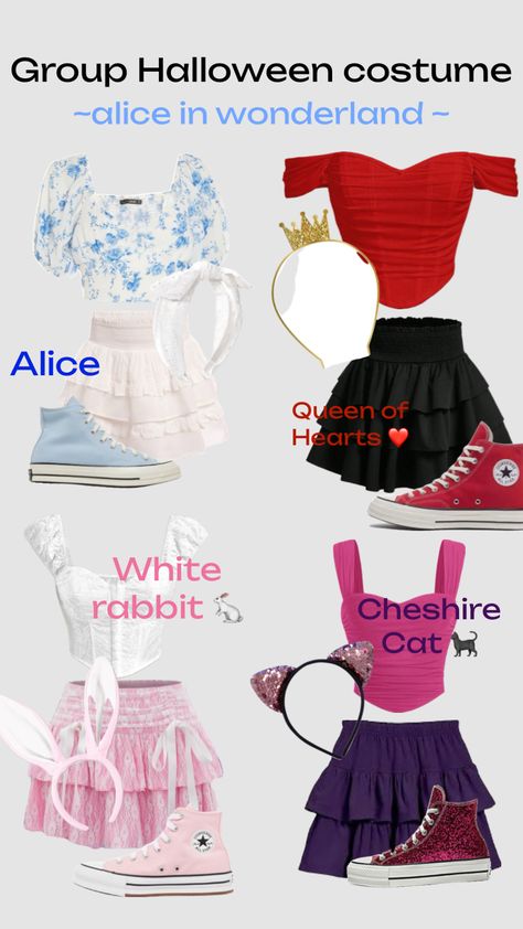 Alice in wonderland group Halloween costumes! 🫶🏼 (this took me forever!) #grouphalloweencostume #groupcostumes #fyp #aliceinwonderland #cheshirecat #queenofhearts #whiterabbit #halloweeninspo Four Halloween Costumes Group Of, Cute 5 Person Halloween Costumes, Iconic Group Costumes Of 4, Three Sisters Halloween Costumes, Cute Halloween Dresses, Friends Duo Halloween Costumes, Cute Halloween Costumes 1 Person, Disney Costumes For 4 People, Toystory Costume Group