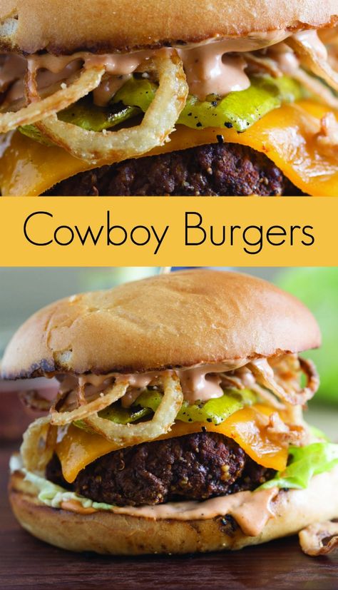 COWBOY BURGER RECIPE WITH GRILLED PICKLES AND CRISPY ONION STRAWS Grilled Pickles, Cowboy Burgers, Crispy Onion Straws, Onion Straws, Cowboy Burger, Resep Burger, Tartiflette Recipe, Potato Rolls, Tangy Bbq Sauce