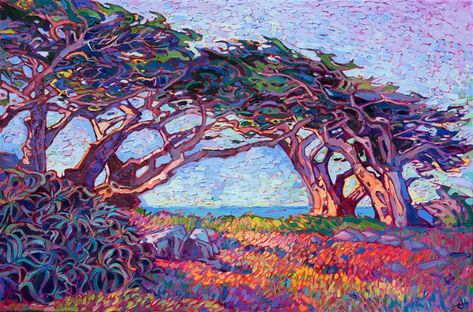 Colorful hues of early dawn sparkle on this painting of cypress trees found along 17 Mile Drive in Pebble Beach, California. The thick, impasto brush strokes are loose and impressionistic, conveying a sense of movement and brilliance to the painting. American Impressionism, Erin Hanson, Monterey Peninsula, Tree Inspiration, Contemporary Impressionism, Cypress Trees, Wooden Jigsaw, Happy Paintings, Landscape Artist