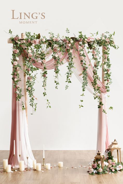 Planning on a having a beautiful wedding arch for your big day? Don't forget about flowers and decor for your wedding arch! Our DIY wedding arch flowers are simple yet elegant and can be used for both a round arch or a square arch. When you purchase your wedding arch flowers from Ling's moment, we will teach you how to make your wedding arch look beautiful whether your wedding is at the beach or in a chapel. Check out these wedding arch flowers in dusty rose and cream! Wedding Arch With Hanging Flowers, Hanging Flowers Wedding Arch, Gold Wedding Arch Ideas, Wedding Arch Hanging Flowers, Wisteria Wedding Arch, Rectangular Wedding Arch, Pink Flower Arch, Harley Wedding, Alter Flowers