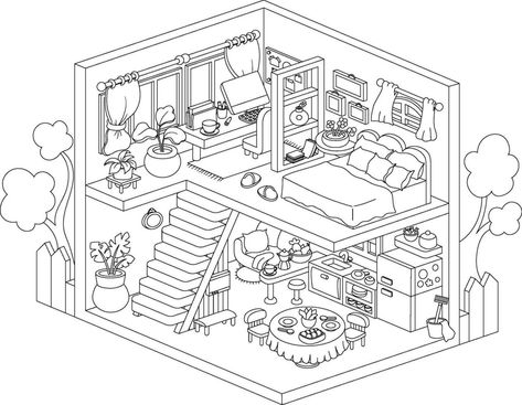 Coloring Pages Interior, Rooms Drawing, Kitchen Black And White, Bedroom Cartoon, Bedroom Illustration, Casa Interior, Logo Fleur, Home Illustration, White Cartoon