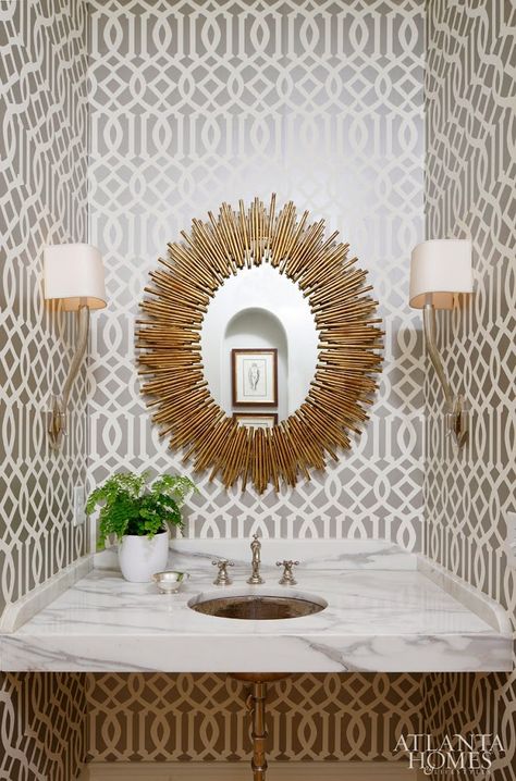 sunburst mirror - imperial trellis wallpaper - Schumacher - ATL powder room - ID Beth Webb Wc Decoration, Schumacher Wallpaper, Trellis Wallpaper, Powder Room Small, Powder Room Design, Silver Wallpaper, Subway Tiles, Atlanta Homes, Sunburst Mirror