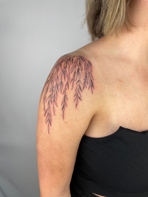 Willow Shoulder Tattoo, Willow Tree Hip Tattoo, Willow Tree Tattoo Sleeve, Willow Tree Vines Tattoo, American Traditional Willow Tree Tattoo, Tattoos For Great Grandparents, Wheeling Willow Tree Tattoo, Willow Tree Symbol, Willow Tree Shoulder Tattoo