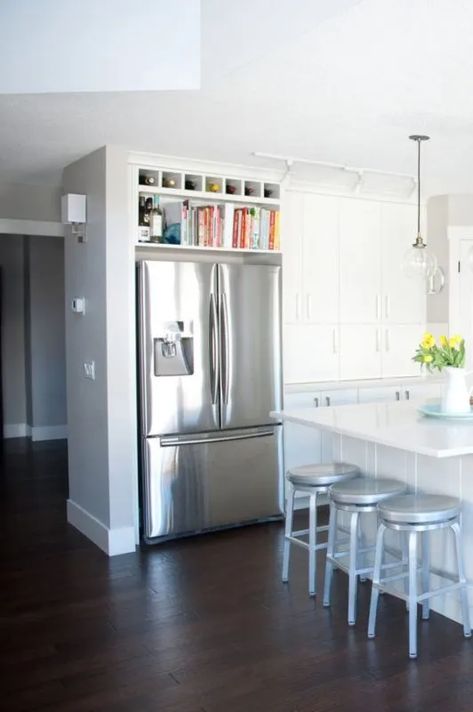 Kitchen Convenience Ideas, Cookbook Shelf In Kitchen, Shelves Above Fridge, Space Above Refrigerator, Above Refrigerator Ideas, Above Refrigerator, Wood Terrace, Pewter Kitchen, Above Fridge