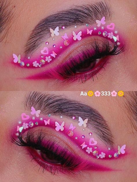 Eye makeup/ eye shadow looks/ pink/ butterfly Pink Eyeshadow And Eyeliner, Creative Eye Makeup Design, Unique Makeup Ideas Creative, Fun Eyeshadow Looks, Vday Makeup, Turquoise Eye Makeup, Easter Makeup Looks, Spring Makeup Ideas, Makeup Collage