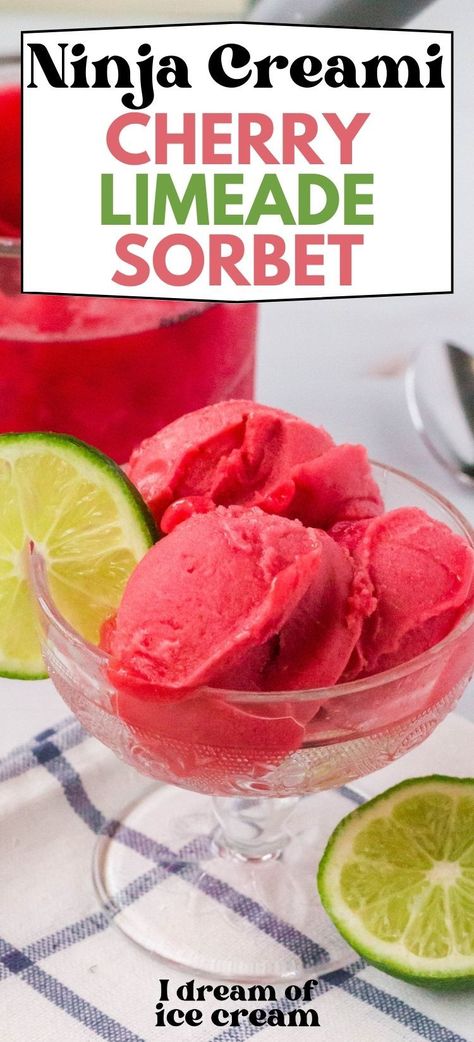 If you love Cherry Limeade drinks from Sonic, you have to try this easy sorbet! It's made in the Ninja Creami, with just a couple of ingredients, making it a super easy and deliciously refreshing frozen treat! Ninja Creami Frozen Yogurt Recipes Healthy, Ninja Creami Breakfast, Ninja Creami Drink Recipes, Ninja Creami Slushie Recipes, Creami Deluxe Recipes, Easy Sorbet, Fruit Sorbet Recipe, Cherry Limeade Recipe, Limeade Drinks